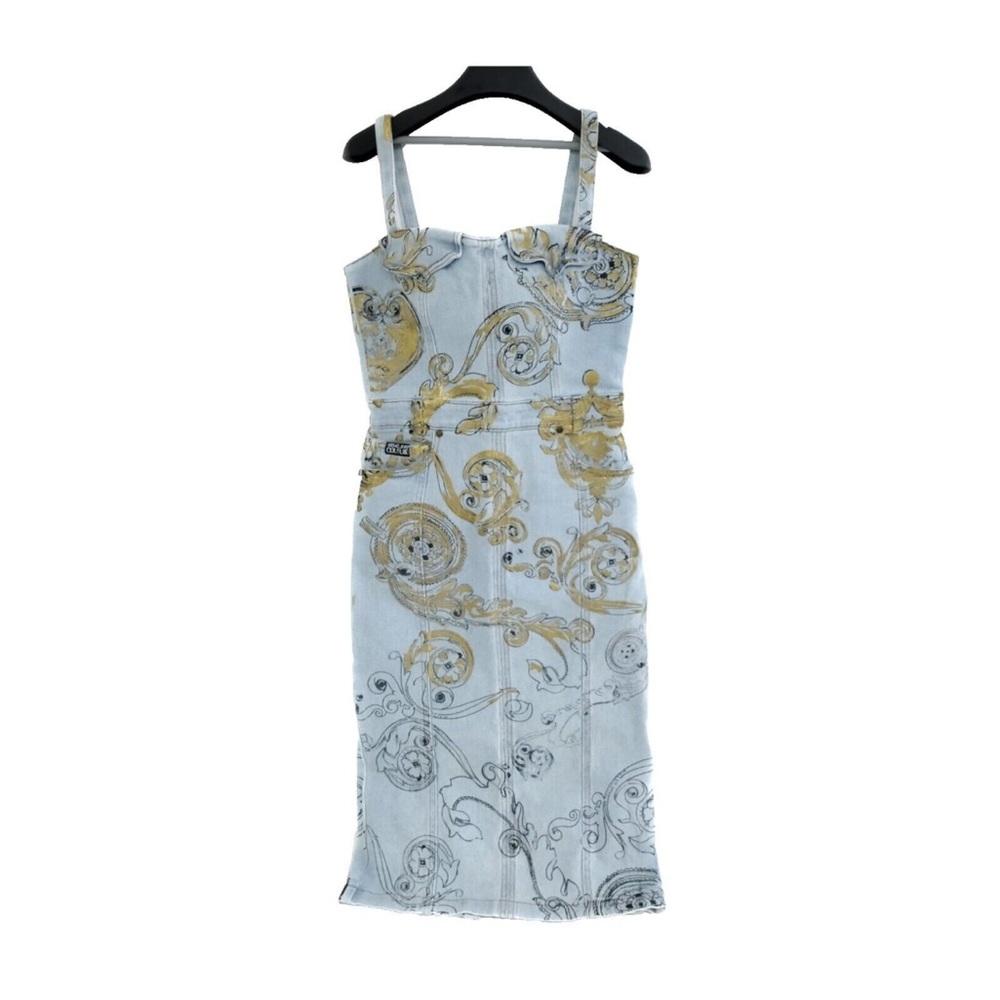This Versace Jean Couture dress is a size M, but it may fit more like a small.